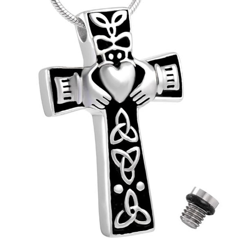 Celtic Cross Claddagh Urn Necklace for Ashes - Cremation Memorial Keepsake - Johnston's Cremation Jewelry - 1