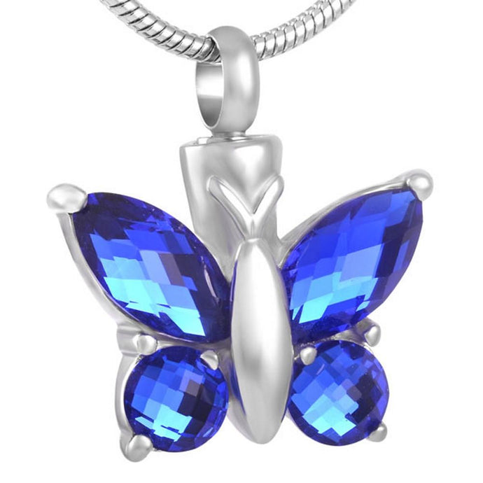 Blue Butterfly Urn Necklace for Ashes - Cremation Memorial Pendant - Johnston's Cremation Jewelry - 1